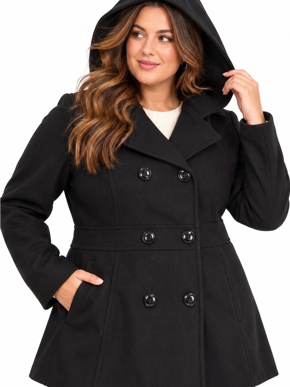 Marvin Richards Black Hooded Peacoat Double Breasted Fit & Flare Plus 1X